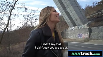 Blonde hitchhiker pays her way with deepthroat skills and a wild ride