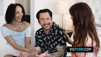 Lonely stud fucks two babes in a threesome