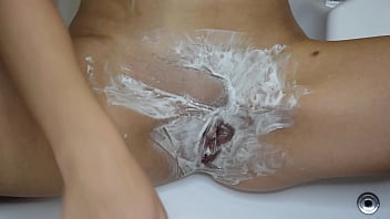 Unshaven pussy shaving close up pov