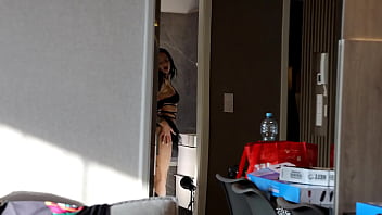 Sexy and horny tight pussy brunette slut in the bath shows her legs and what is under her mini skirt