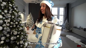 Sexy snow maiden wishes merry christmas and agrees to a hard threesome at the christmas tree