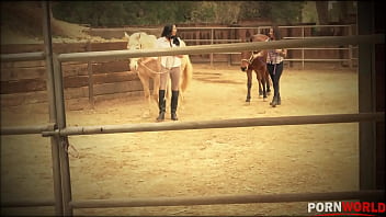 Busty barnyard two lesbian bombshells cram their twats