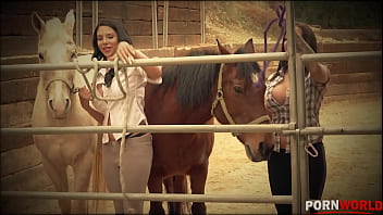 Busty barnyard two lesbian bombshells cram their twats