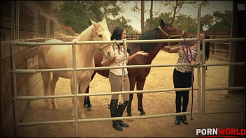 Busty barnyard two lesbian bombshells cram their twats