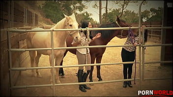 Busty barnyard two lesbian bombshells cram their twats