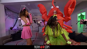 Ebony stepdaughter and her stepmother seduce and fuck with her boyfriend who is dressed in lobster costume