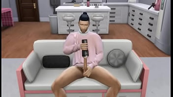 Gay asian plays with himself on couch