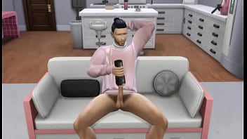 Gay asian plays with himself on couch