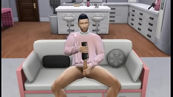 Gay asian plays with himself on couch