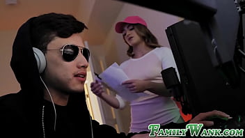 Cute kenzie madison needs help with her homework from her stepbro but he is too busy playing video games so she sucks his dick to get his attention