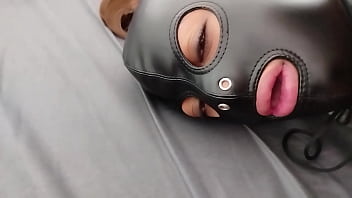 Petty bdsm slut playing with her wet pussy whipped by her master with slave leather mask until orgasm