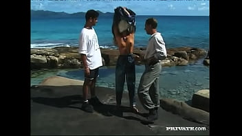 Blonde suzan gets fucked by two men while playing in the ocean