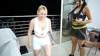 Brunette and blonde get horny while exercising and end up fucking