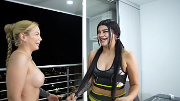 Brunette and blonde get horny while exercising and end up fucking