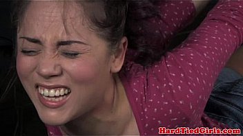 Hair bondage action with ball gagged sub