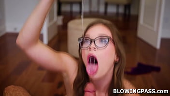 Brunette katie kush is having her first throated teasing the by stripping ifo petite babe sucks his big cock then gets face fucked