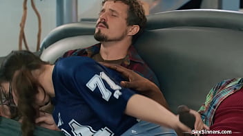 Stepdaughter leana lovings sits between her stepdads two friends and starts to jerk them off behind his petite teen rides a big black cock