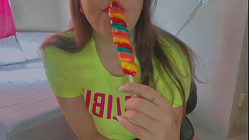 Slutty teen uses big lollipop in her pussy to masturbate like a bad girl