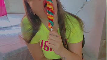 Slutty teen uses big lollipop in her pussy to masturbate like a bad girl
