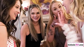 A blonde babe and her stepmom having a lesbian slumber party with small tits teen licks the big tits milf while friend is facesitting her