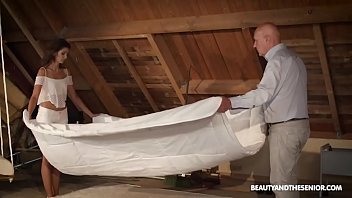 Cutie pie finds old bald perv to play with Cutie pie finds old bald perv to play with