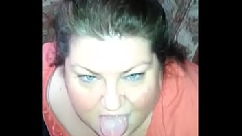 Fat milf sucking cock eating cum pov