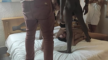 Gangbang with 6 guys doing dp on busty red head