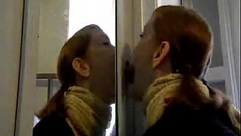 Redhead gf gives closet gloryhole blowjob