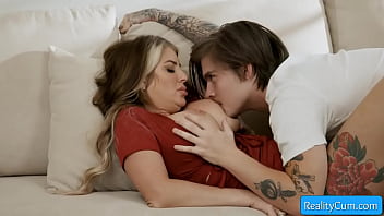 Watch this big tit blondie wife chat with teen boy and seducing him with her boobs