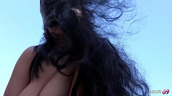 Curvy black hair big natural saggy tits girl pick up and talk to risky public beach fuck by old german stranger