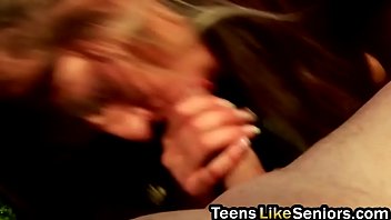 Pretty teen seduced to suck by old stud outdoors