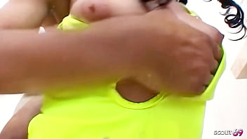 Slim tall black hair small tits girl get rough and wet anal sex by older guy and swallow the whole load