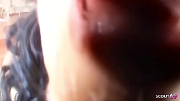 Slim tall black hair small tits girl get rough and wet anal sex by older guy and swallow the whole load