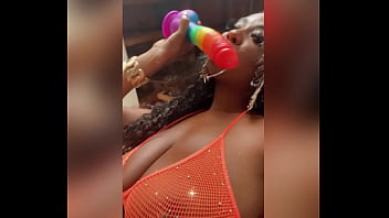 Slobbering on a huge thick dildo