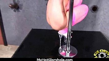 Ebony slut fucks a white gloryhole cock in her first interracial scene 11