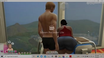 Latina with wide hips and big butt giving assjob to horny white boy