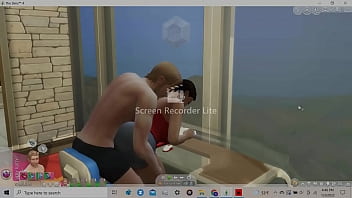 Latina with wide hips and big butt giving assjob to horny white boy