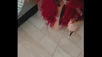 A teen girl sucks a teen guy dick on a leash in the smoke of hookah and licks balls pov blowjob