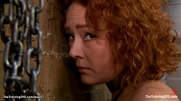 Curly ginger trainee audrey hollander in open crotch fishnet bound on knees then pussy licked in face sitting position by gimp owen gray and anal fucked