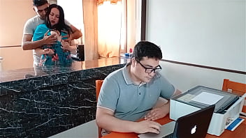 My cuckold husband works while my stepson fucks me in the kitchen