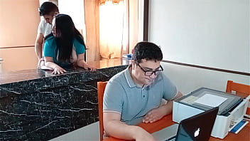 My cuckold husband works while my stepson fucks me in the kitchen