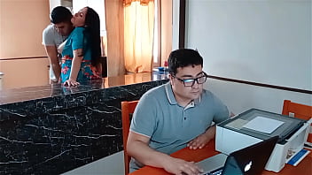 My cuckold husband works while my stepson fucks me in the kitchen