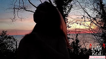 Slut showed huge tits titjob and public blowjob big cock to cum in mouth outside on the sea lana red