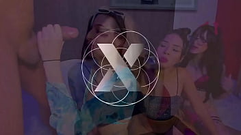 Jazmin and her friend give this big cock some very ruthless strong blowjobs