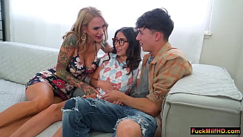 Parker and amber have already been seduced by the terrible sarah the nymphomaniac milf now she wants to get everyone to sex at the same time stepmom stepson and his girlfriend having shameless sex