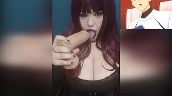 Redhead goth wife playing with her huge tits whille watch hentai