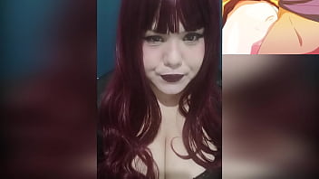 Redhead goth wife playing with her huge tits whille watch hentai