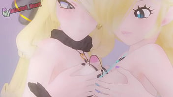 Dos lindas chicas de cabello rubio juegan con una verga entre sus tetas