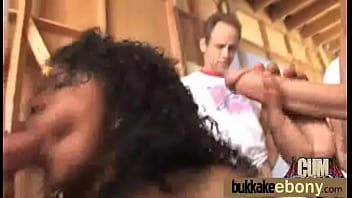 Ebony babe sucking a group of horny white dudes 4