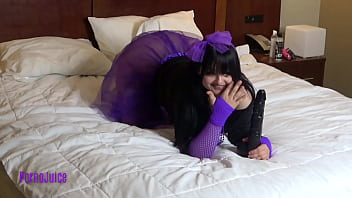 Teens sucks on massive black dildo